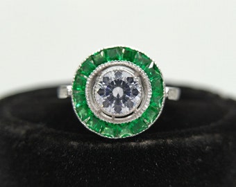 Antique Halo Diamond & Emerald Engagement Ring, 2.00 Ct Round Cut Diamond Vintage Engagement Ring 925 Sterling Silver Bezel Set Estate Rings