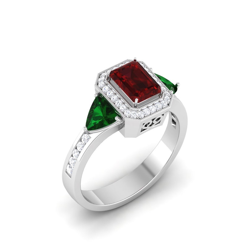 Three Stone Ring 2.30 CT Halo Red Emerald Cut CZ Awesome Engagement Wedding Ring In 925 Sterling Silver Gift For Women Anniversary Ring