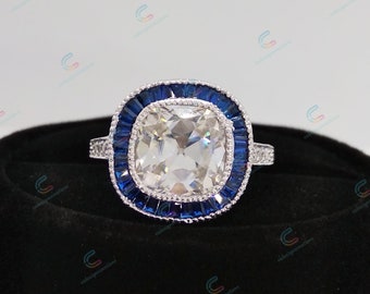 5.10Ct Vintage Reproduction Cushion & Sapphire Diamond Engagement Ring In 925 Sterling Silver Antique Art Deco Style Ring Vintage Style Ring