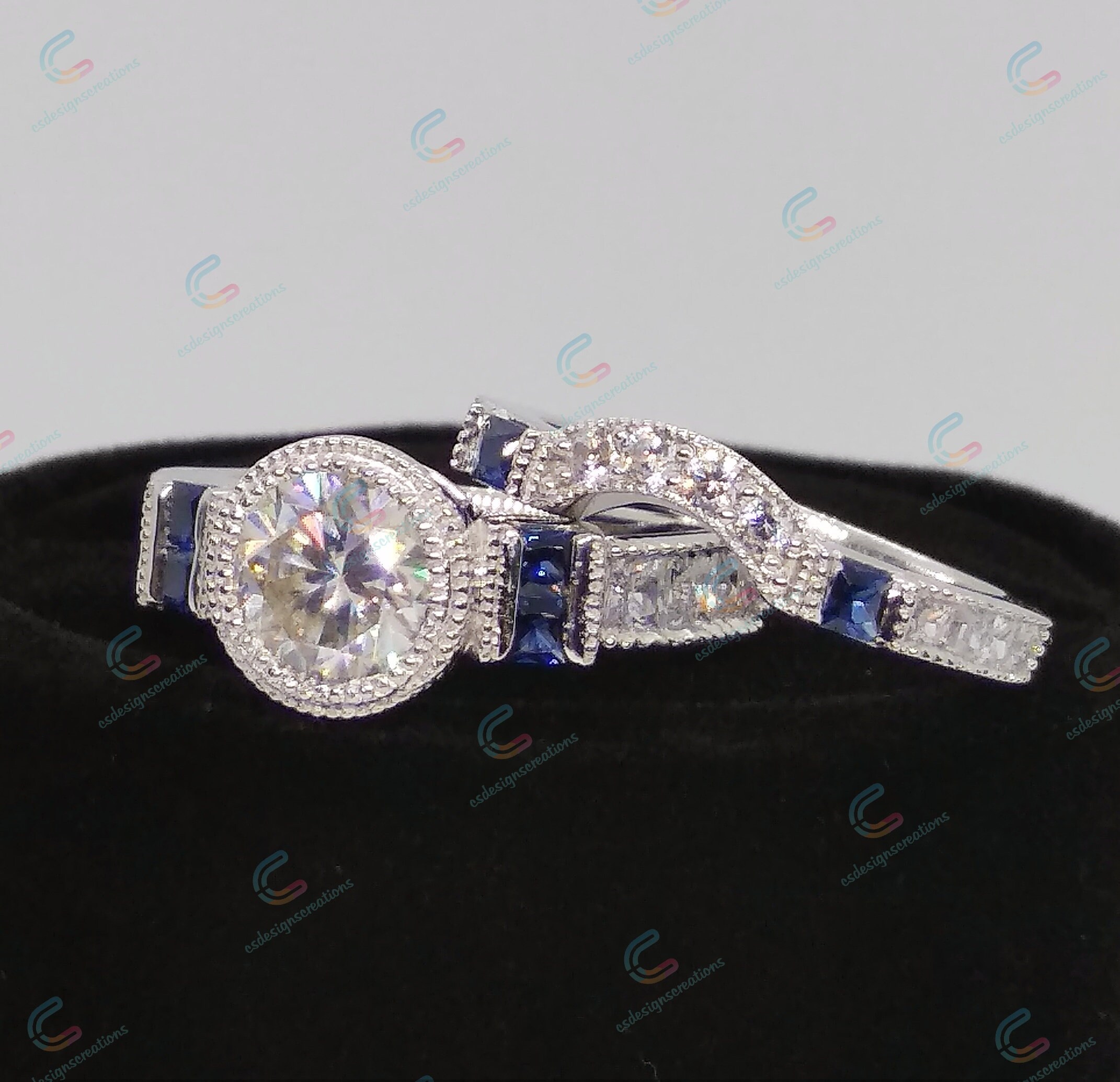 2 Ct Art Deco Engagement Ring Vintage CZ Round Cut & Sapphire Sterling Silver 2 Ct Art Deco Engagement Ring Vintage CZ Round Cut & Sapphire Sterling Silver