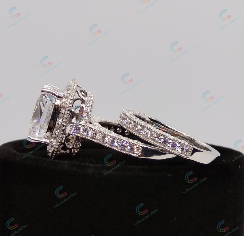 4.65 Ct Cushion Cut Cz Diamond Halo Engagement Ring In 925 Sterling Silver Vintage Style Ring Set Wedding Bridal Set Filigree Ring Set