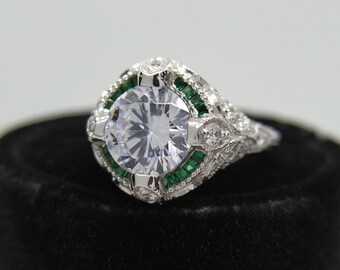 Art Deco Diamond & Emerald Engagement Ring, 2.50 Ct Round Cut Diamond Vintage Engagement Ring 925 Sterling Silver Antique Ring Estate Rings