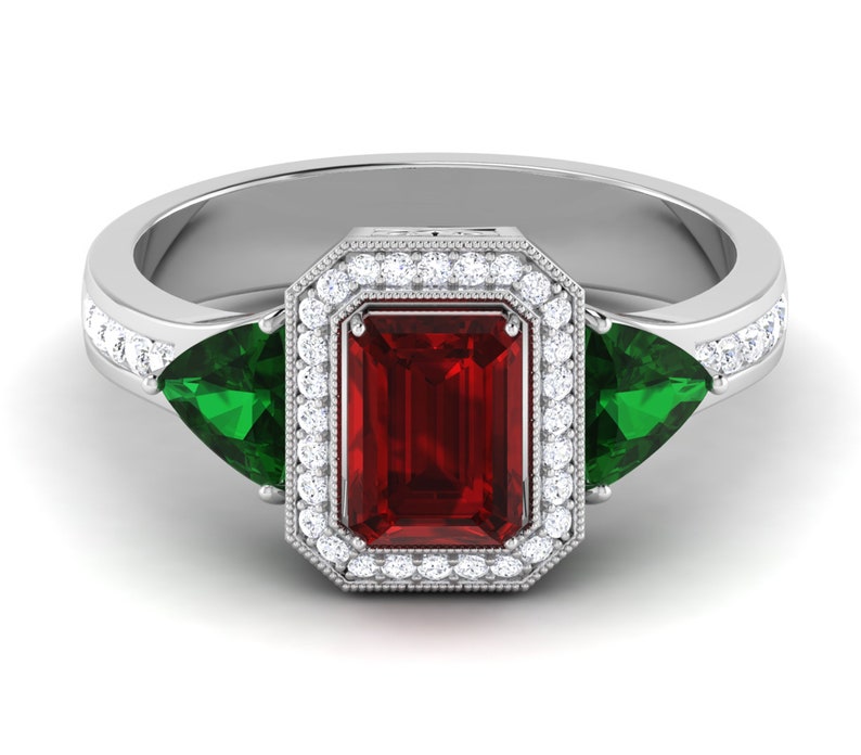 Three Stone Ring 2.30 CT Halo Red Emerald Cut CZ Awesome Engagement Wedding Ring In 925 Sterling Silver Gift For Women Anniversary Ring