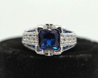 Vintage Art Deco 2.00 Ct Blue Princess & Diamond Engagement Wedding Ring Women's Anniversary Gift Ring Sapphire Antique Art Deco Ring