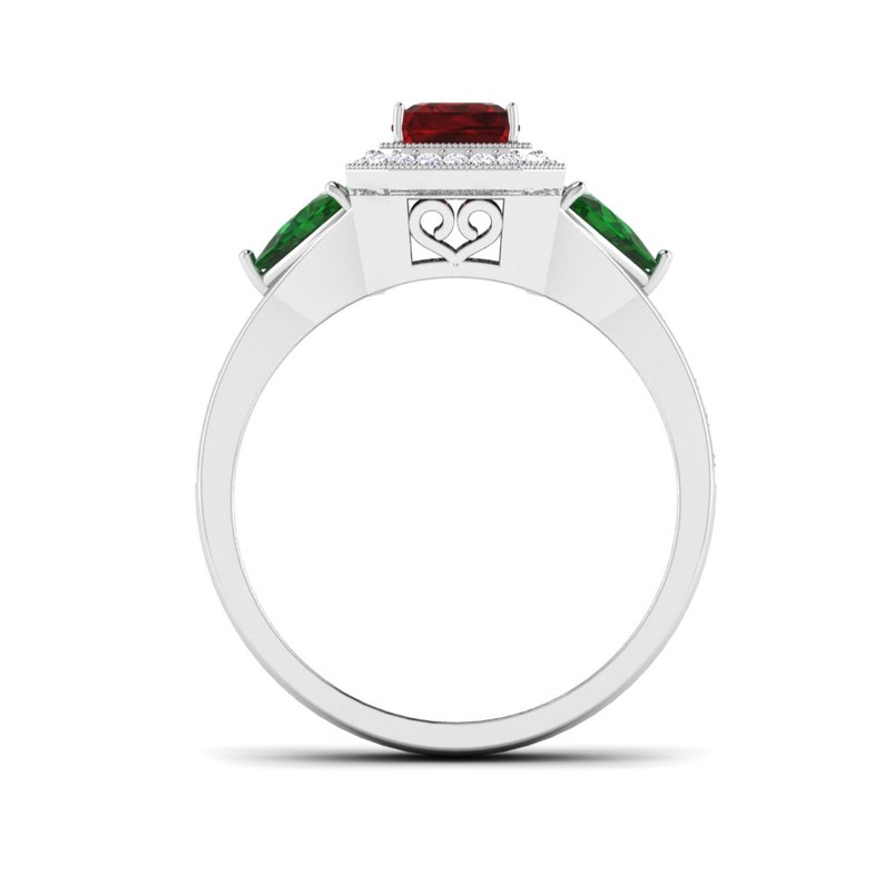 Three Stone Ring 2.30 CT Halo Red Emerald Cut CZ Awesome Engagement Wedding Ring In 925 Sterling Silver Gift For Women Anniversary Ring
