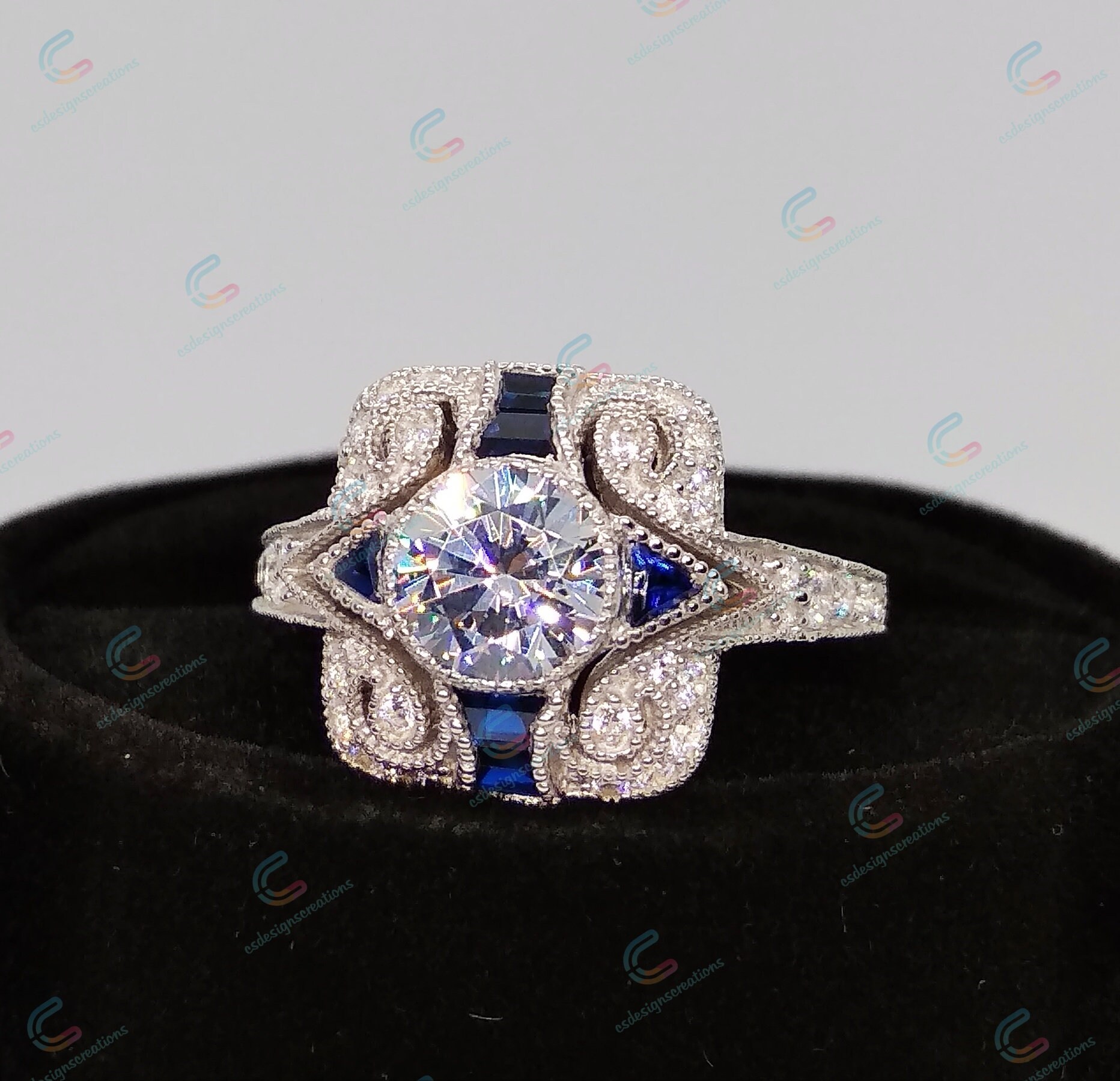 2 Ct Art Deco Engagement Ring Vintage CZ Round Cut & Sapphire Sterling Silver 2 Ct Art Deco Engagement Ring Vintage CZ Round Cut & Sapphire Sterling Silver