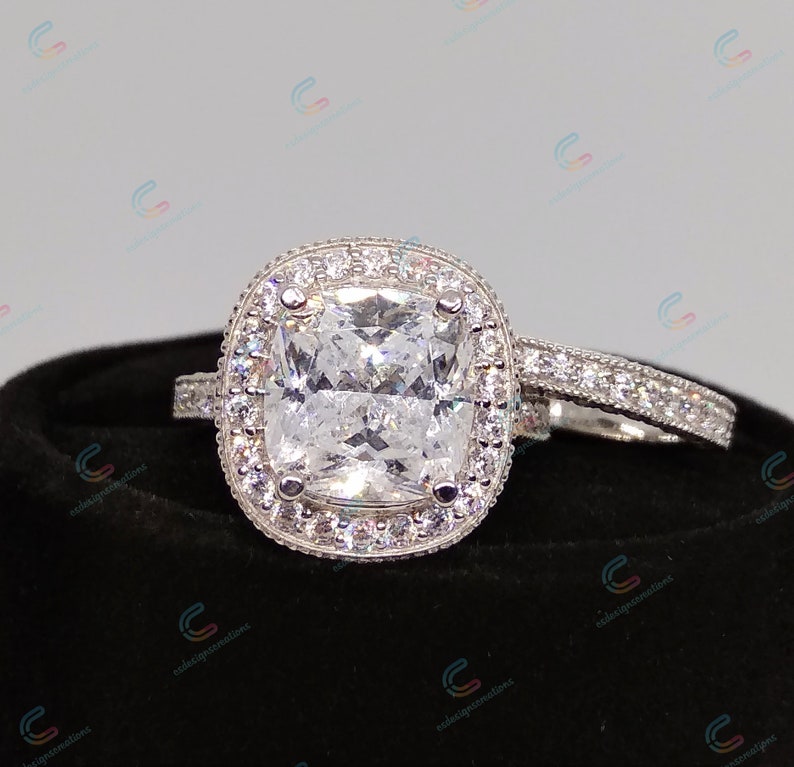 4.65 Ct Cushion Cut Cz Diamond Halo Engagement Ring In 925 Sterling Silver Vintage Style Ring Set Wedding Bridal Set Filigree Ring Set