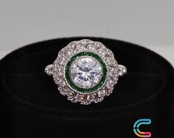 2 CT White Round Cut and Emerald Art Deco Engagement Ring In 925 Sterling Silver