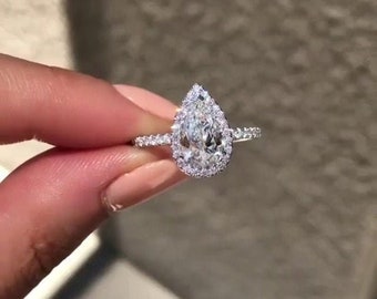 10x7 MM Pear Cut Halo Lab Diamond Engagement Ring, Sterling Silver Pear Cut Lab Diamond Wedding Ring, Anniversary Ring Pear Diamond Ring
