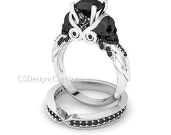 2.00 Ct Round Cut Black Diamond Cz Skull Engagement Ring Set Gothic Black Face Skull Ring Set Gothic Ring Set Two Face Skull Ring Band Set