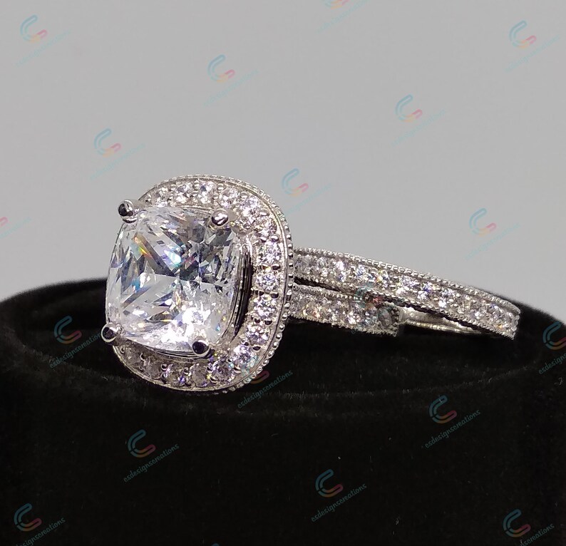 4.65 Ct Cushion Cut Cz Diamond Halo Engagement Ring In 925 Sterling Silver Vintage Style Ring Set Wedding Bridal Set Filigree Ring Set