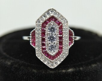 Art Deco Diamond & Ruby Engagement Ring, 1.95 Ct Round Cut Diamond Vintage Engagement Ring 925 Sterling Silver Antique Three Stone Rings