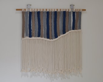 Blauw grijs Creme Grote Macrame Muur Opknoping, Macrame Muur Opknoping, Boho Muur Opknoping, Tapijt Achtergrond, 100% Katoenen Touw