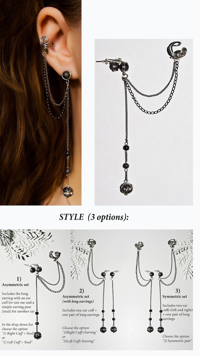 Earrings gift Long gray earrings Chain earring Earrings ear cuff Long chain earrings gray Earrings chains Dark gray earrings chain