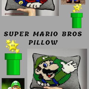 May include: Crochet pattern for a Super Mario Bros. pillow featuring Mario and Luigi. The pattern is available from @zenothreads.