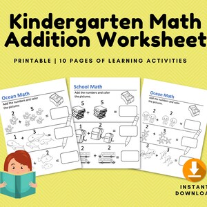 May include: Printable kindergarten math addition worksheet with 10 pages of learning activities. The worksheet features ocean and school themes with colorful illustrations and addition problems for kids to solve.