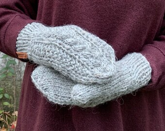 Grey Gloves with Natural Sheep Wool, Warm Woolen Mittens, Mom Gift
