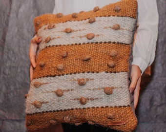 Striped Orange Pillow, Woven Pillowcase made of natural sheep wool, Soft Pillowcase, Home textile