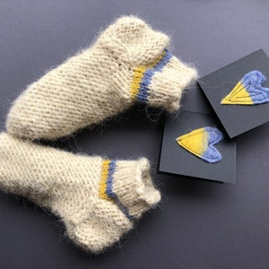 From Ukraine with love, Beige Woolen socks,  Ukrainian Flag print,  Blue and yellow, Knitted Woolen Socks, Natural wool