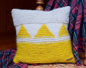 Hand Knit Wool Pillow: Beige & Yellow Geometric Cushion Cover