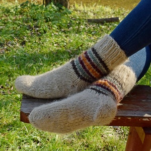 Hand Knit Wool Socks: Beige with Colorful Stripes, Warm Winter Socks