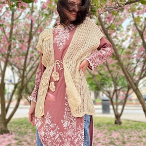 Elegant Sleeveless Top, Beige Wool Vest, Floral embroidered vest, Eco friendly clothing,