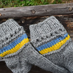 From Ukraine with love, Grey Woolen socks,  Ukrainian Flag print,  Blue and yellow, Knitted Woolen Socks, Natural wool