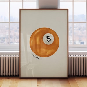 Vintage biljartbalprint, Lucky Orange Adventure muurkunst, retro handgetekende poster, biljartbalkunstprint, trendy afdrukbare digitale download