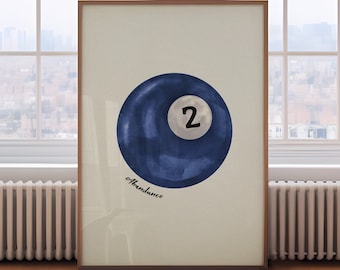 Vintage Pool Ball Print, Lucky Blue Abundance Wall Art, Retro Hand Drawn Poster, Pool Ball Art Print, Trendy Printable Digital Download Art