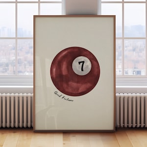 Vintage Pool Ball Print, Glückszahl 7 Dunkelrote Wandkunst, Retro handgezeichnetes Poster, Kastanienbrauner Pool Ball Art Print, trendige druckbare digitale Kunst
