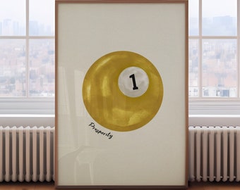 May include: A gold-colored billiard ball with the number 1 on it. The ball is on a white background with the word "Prosperity" written below it.
