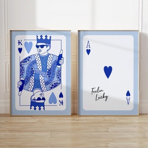 Jeu de 2 affiches de cartes à jouer, art mural roi de coeur As de la chance, décoration d'appartement rétro, impressions numériques, affiches d'appartement esthétiques tendance