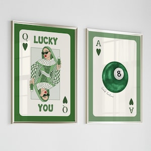 Trendy Retro Wandkunst 2er-Set, Queen of Hearts Lucky You Spielkarte Poster, Vintage 8 Ball Poster, grüne Wandkunst, Digitaldrucke