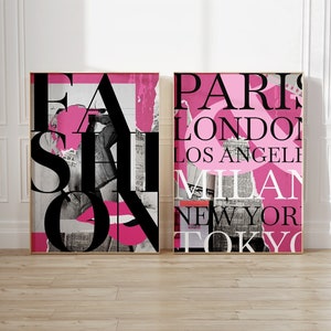 Trendy Pink Fashion Poster Wall Art Set of 2, Retro Travel Fashion Magazine Cover Posters, Girly Apartment Decor, Pink Digital Wall Prints