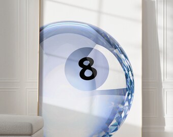 Light Blue Crystal Pool Ball Print, Lucky 8 Ball Wall Art, Retro Bedroom Poster, Blue Pool Ball Poster, Trendy Printable Digital Art Prints