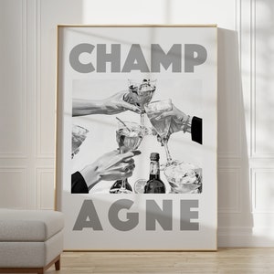 Proost, poster champagnecocktail, barwagen kunst aan de muur, retro handgetekende poster, vintage wijnglazen print, zwart-wit digitale print