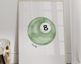Vintage Pool Ball Print, Lucky 8 Ball Wall Art, Green Pool Ball Poster, Retro Hand Drawn Poster, Trendy Digital Art Prints, Printable Poster