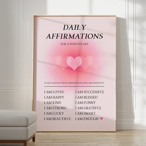 Daily Affirmations Poster, Positive Wall Art, Pink Aura Print, Heart Wall Art Print, Digital Art Prints, Spiritual Posters, Aesthetic Decor