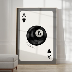 Vintage print biljartbal, Lucky Black 8-bal speelkaart muurkunst, retro handgetekende poster biljartbal, trendy digitale zwarte en grijze kunstafdrukken