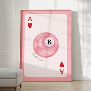 Vintage print biljartbal, speelkaart Lucky 8 Ball muurkunst, retro handgetekende poster, schattige roze poster biljartbal, trendy digitale kunst wordt afgedrukt