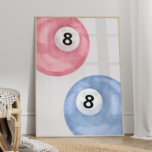 Vintage 8 Ball Print, Lucky Pool Ball Wandkunst, Retro Hand gezeichnetes Poster, Rosa & Blau Pool Ball Paar Preppy Poster, Trendige Digitaldrucke
