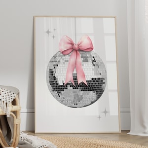 Retro Disco Ball Pink Bow Wall Print, Trendy Coquette Digital Wall Art, Vintage Decor, Girly Apartment Poster, Pink Ribbon Aesthetic Prints