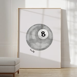 Lucky 8 Ball Wall Art, Vintage Pool Ball Print, Dove Grey Pool Ball Poster, Retro Hand Drawn Bedroom Poster, Trendy Printable Digital Prints