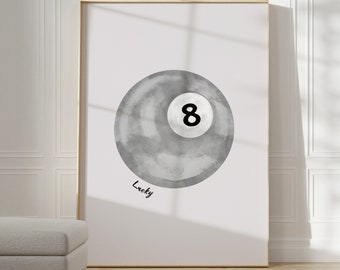 Lucky 8 Ball Wall Art, Vintage Pool Ball Print, Dove Grey Pool Ball Poster, Retro Hand Drawn Bedroom Poster, Trendy Printable Digital Prints