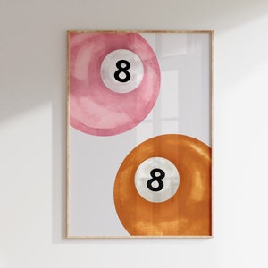 Vintage 8 Ball Print, Lucky Pool Ball Wandkunst, Retro Hand gezeichnetes Poster, Pink & Orange Pool Ball Poster, Paar Poster, Trendiger Digitaldruck