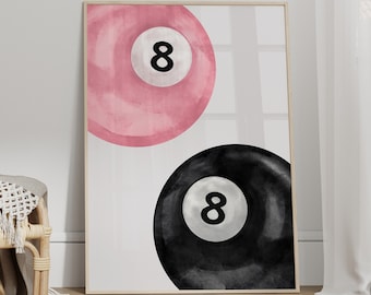 Vintage 8 Ball Print, Lucky Pool Ball Wall Art, Retro Hand Drawn Poster, Pink Pool Ball Couple Poster, Trendy Digital Prints, Preppy Poster