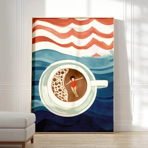Coffee Station Wall Art, Coffee Diver Poster Print, Coffee Lover Gifts, Swimming in Coffee, Trendy Kitchen Wall Art, Good Morning Coffee Art