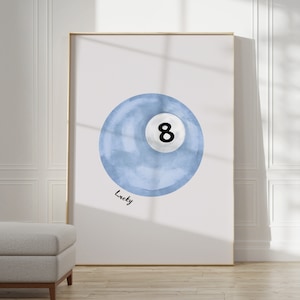 Arte de parede Lucky 8 Ball, impressão de bola de bilhar vintage, pôster de bola de bilhar azul-celeste, pôster de quarto retrô desenhado à mão, impressões digitais imprimíveis da moda