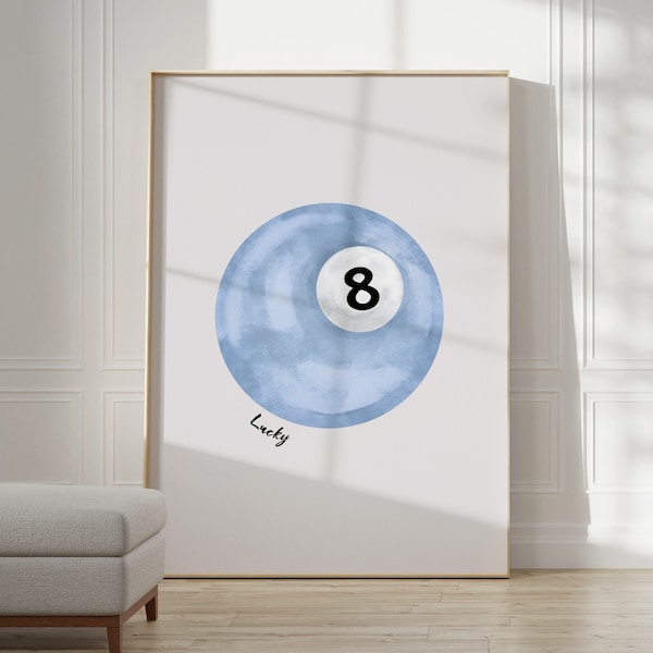 Lucky 8 Ball Wall Art, Vintage Pool Ball Print, Sky Blue Pool Ball Poster, Retro Hand Drawn Bedroom Poster, Trendy Printable Digital Prints