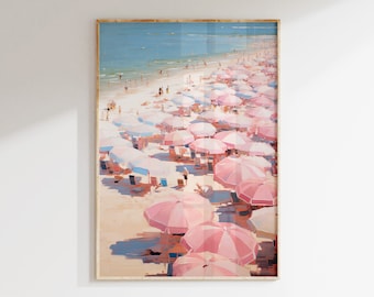 Vintage Beach Poster Print, Abstract Coastal Art, Pink Wall Art, Girly Apartment Decor, Beach Wall Art, Preppy Seascape Art, Beach Umbrella